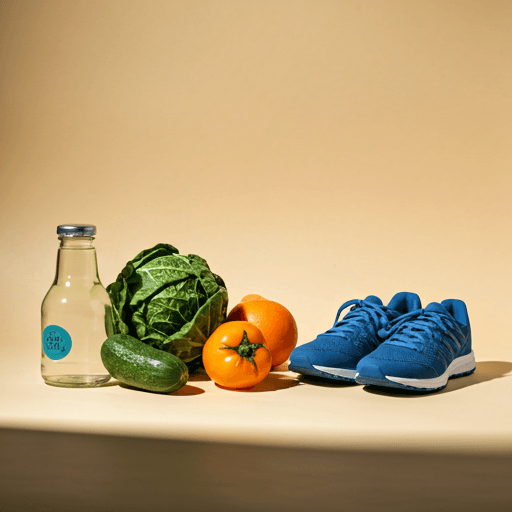 Artistic composition of fresh vegetables and fitness equipment on a minimalist cream background with sharp shadows