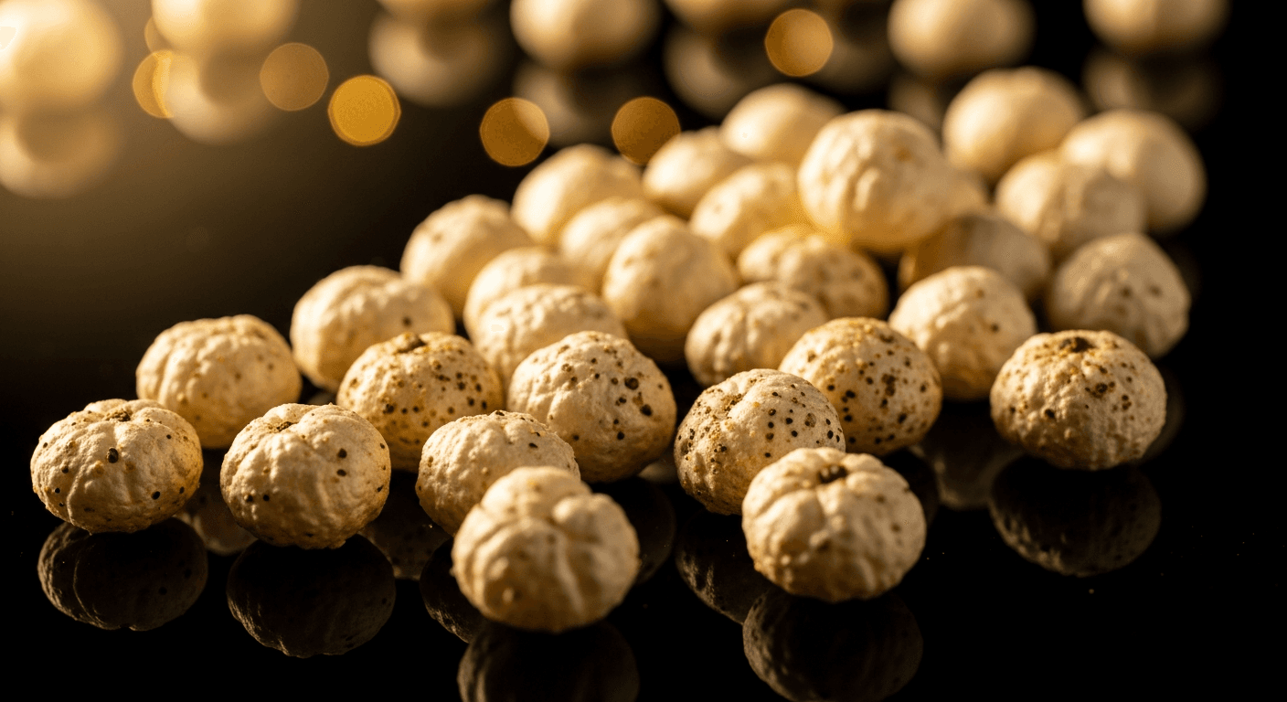 Close-up of premium makhana seeds with dramatic lighting