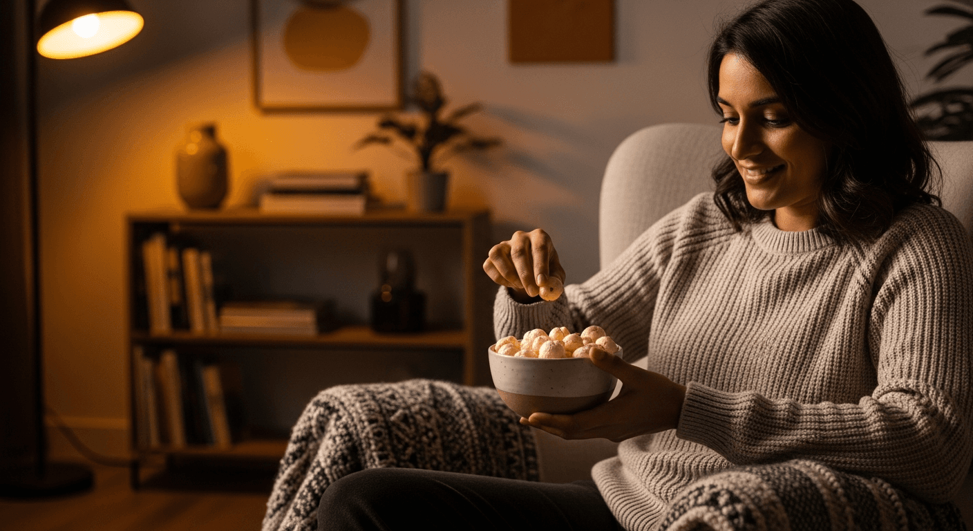 A woman smiling and enjoying a bowl of makhana snacks in a cozy, well-lit interior